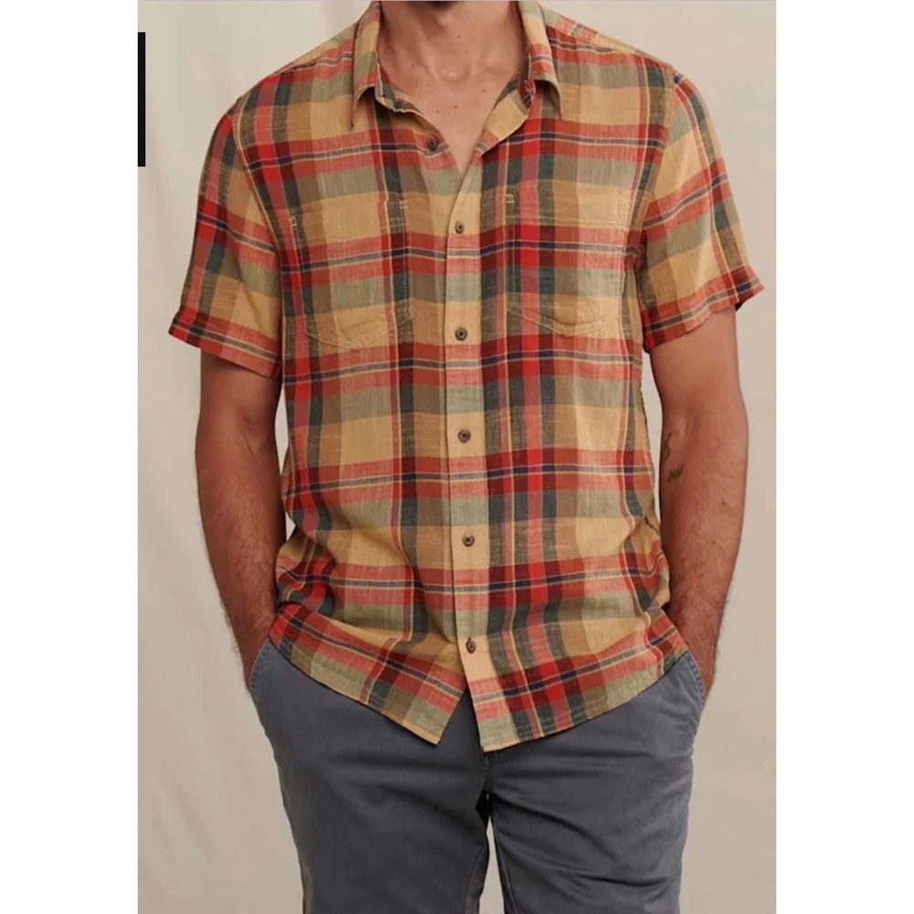 Toad & Co Mens Salton Plaid Shirt L Organic Cotton Button Up Short Sleeve